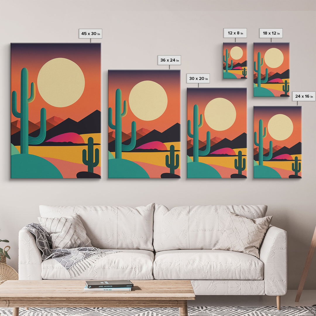 Pop Art Framed Canvas Print of Desert Landscape at Sunset, Outrun Style Sunset Full Moon Art, Unique 80s Vibe Retro Art, Art Deco