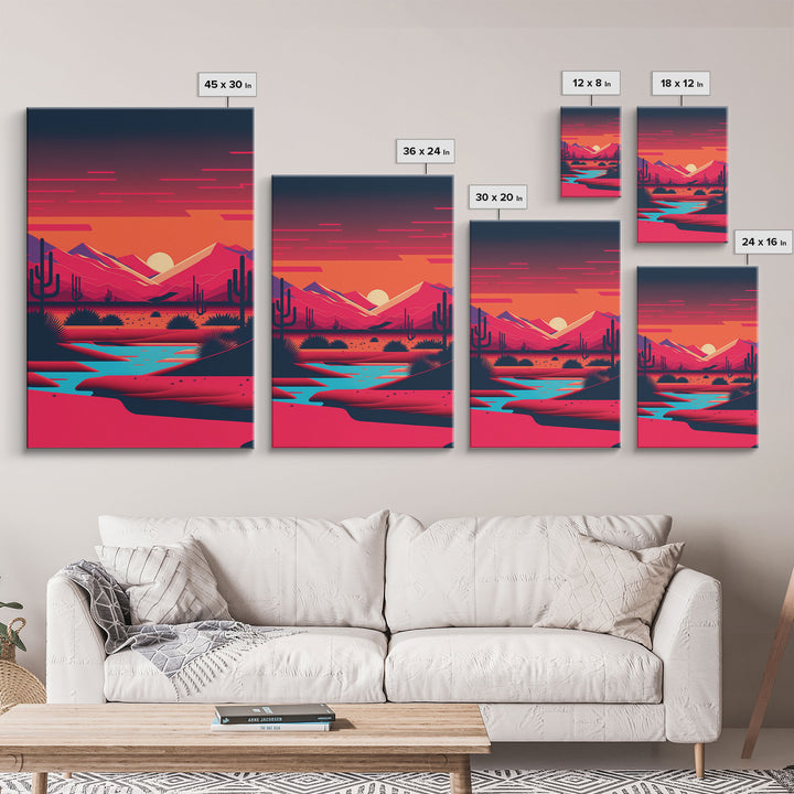 Retro Synthwave Desert Landscape Art, Framed Canvas Print, Unique Sunset Art, Living Room Wall Decor, Framed Art