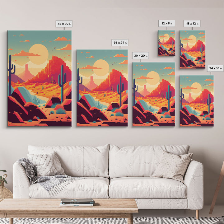 Retro Synthwave Desert Landscape Art, Framed Canvas Print, Unique Sunset Art, Living Room Wall Decor, Framed Art, Southwest Decor