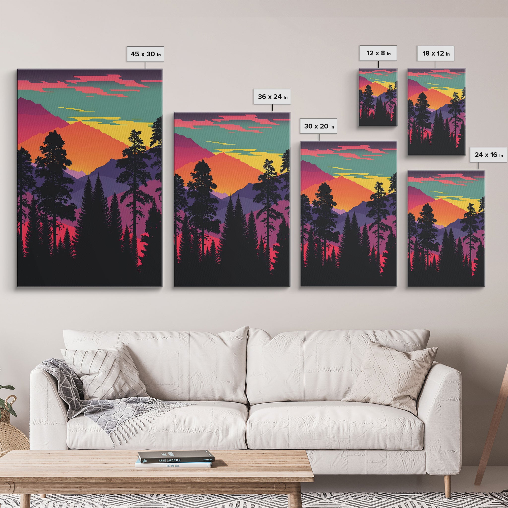 Pacific Northwest Pop Art, Framed Canvas Prints, Washington State, Pine Tree Forest and Mountain Landscape at Sunset, Vibrant Art