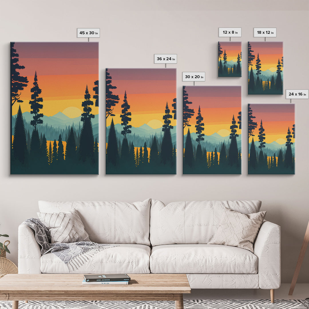 Oregon Landscape Pop Art, Framed Canvas Prints, Washington State, Pine Tree Forest and Mountain Landscape at Sunset, Vibrant Art