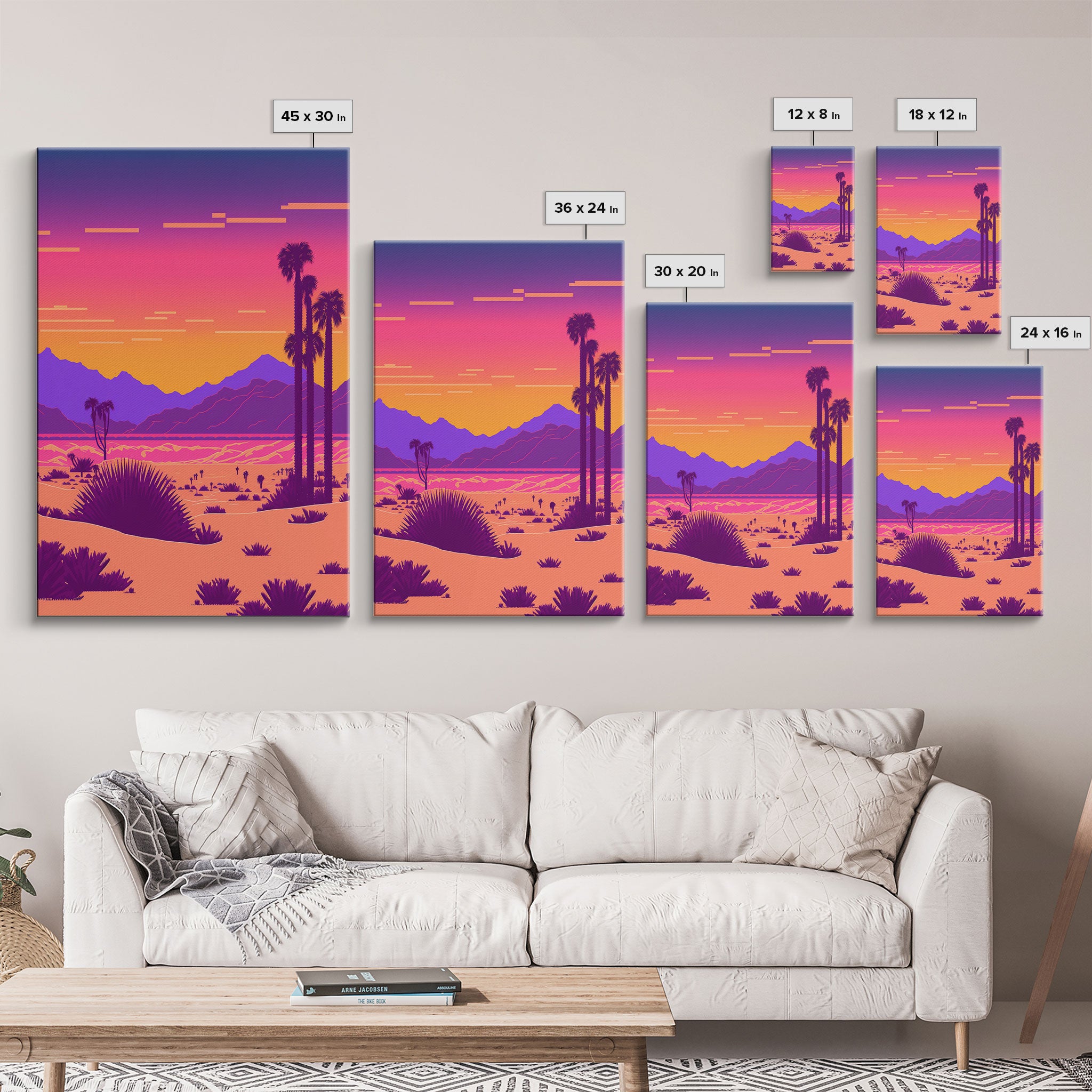 Retro Outrun Style Desert Landscape Print, Framed Canvas Art, Synthwave Style, Southwestern Decor, Western Art, Guest Room Decor