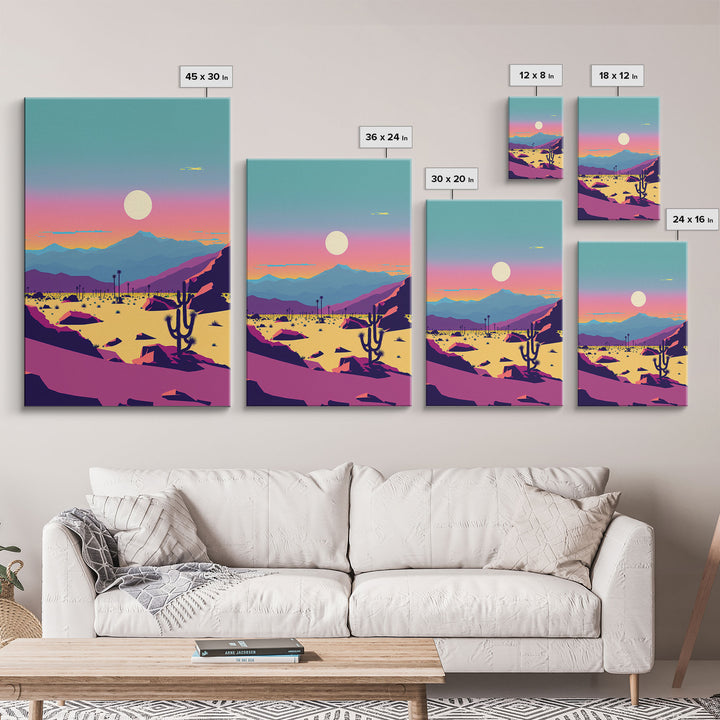 Synthwave Desert Landscape, Subdued Pastel Nature Art, Southwestern Decor, Framed Canvas Print, Pink and Turquoise Skies