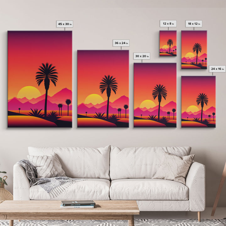 Palm Trees at Sunset, Synthwave Decor, 80s Retro Vibes Landscape Art, Framed Canvas Print