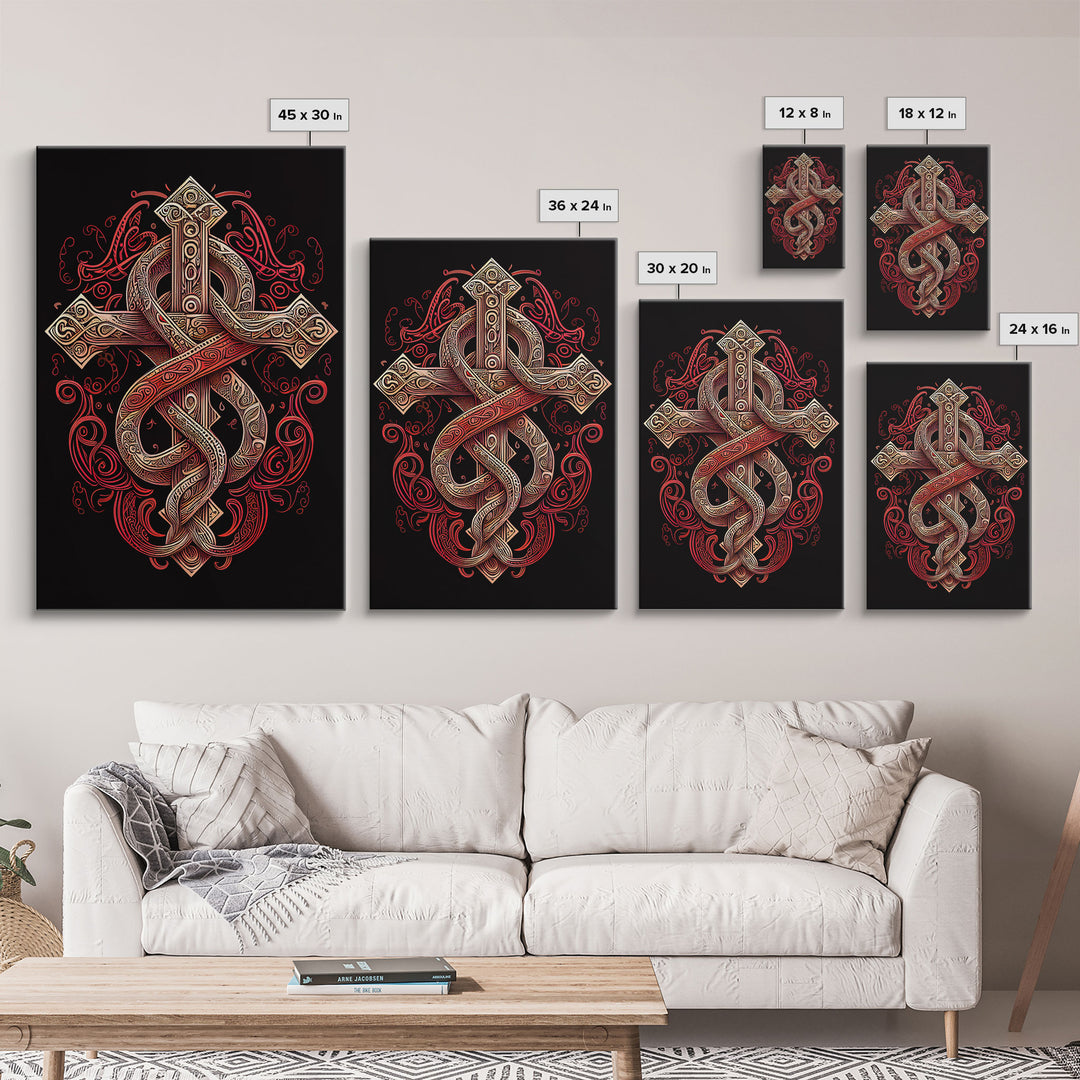 Cool Cross Art | Wall Art | Gothic Cross | Framed Canvas Print | Framed Art | Red and White Cross & Snake