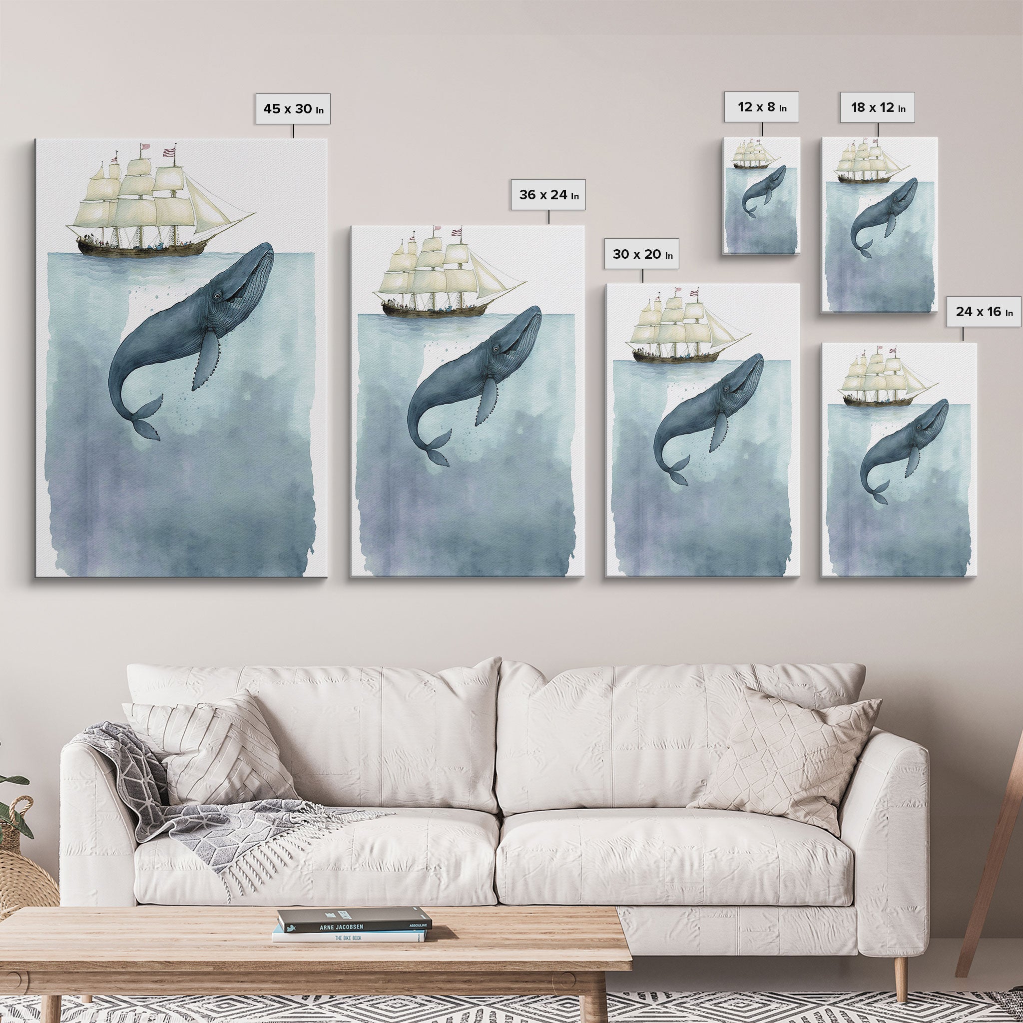 Framed Wall Art Blue Whale Painting, Watercolor Painting, Whale Print, Whale and Boat, Whale Nursery, Humpback Whale, Framed Wall Art