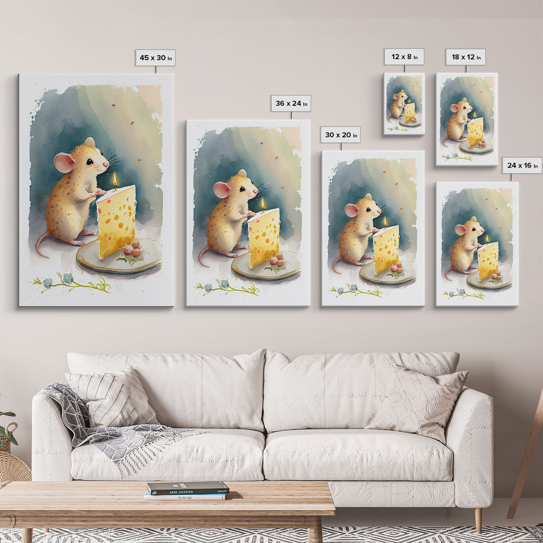 Cute mouse birthday party Watercolor Print, Mouse Art Painting, Framed Canvas Print, Cute mouse cartoon