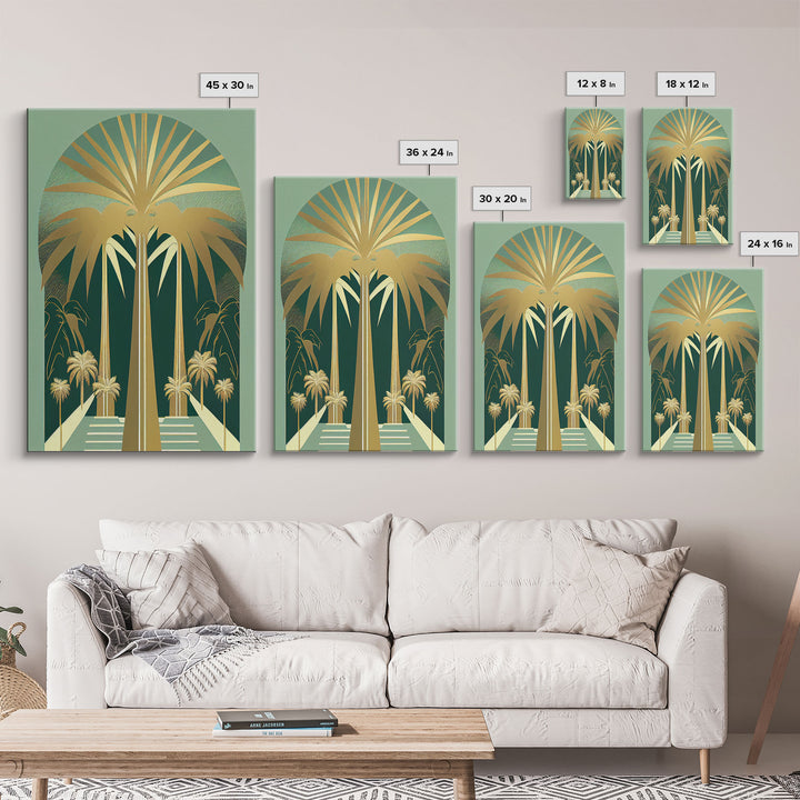 Boho Modern Frank Lloyd Wright-inspired Art Deco Canvas Print, Emerald Green and Gold Palm Tree, wall decor, wall art original, MCM Art