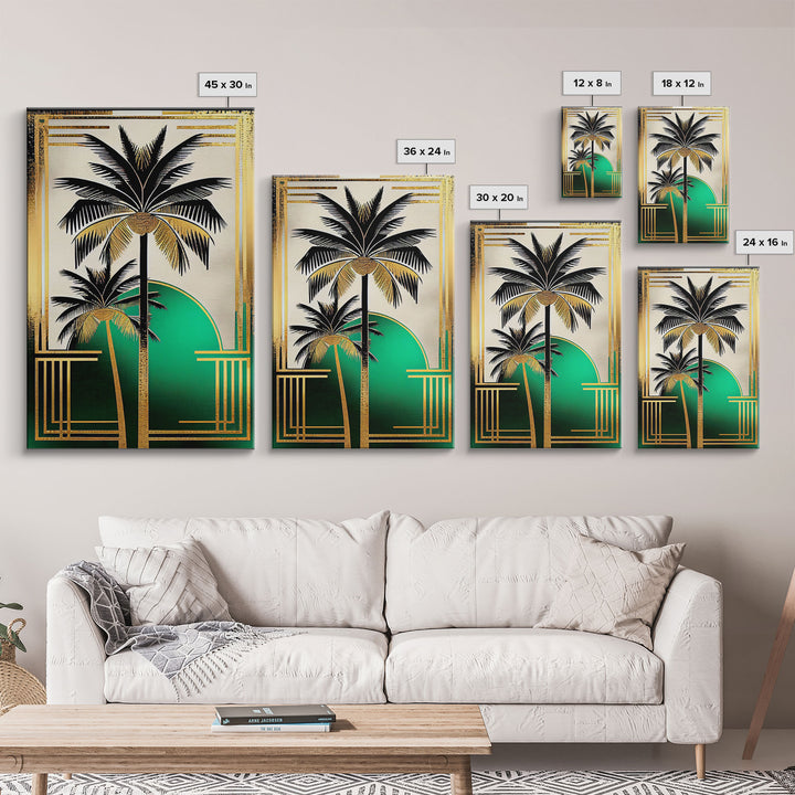 Boho Modern Frank Lloyd Wright-inspired Art Deco Canvas Print, Emerald Green and Gold Palm Tree, wall decor, wall art original, MCM Art