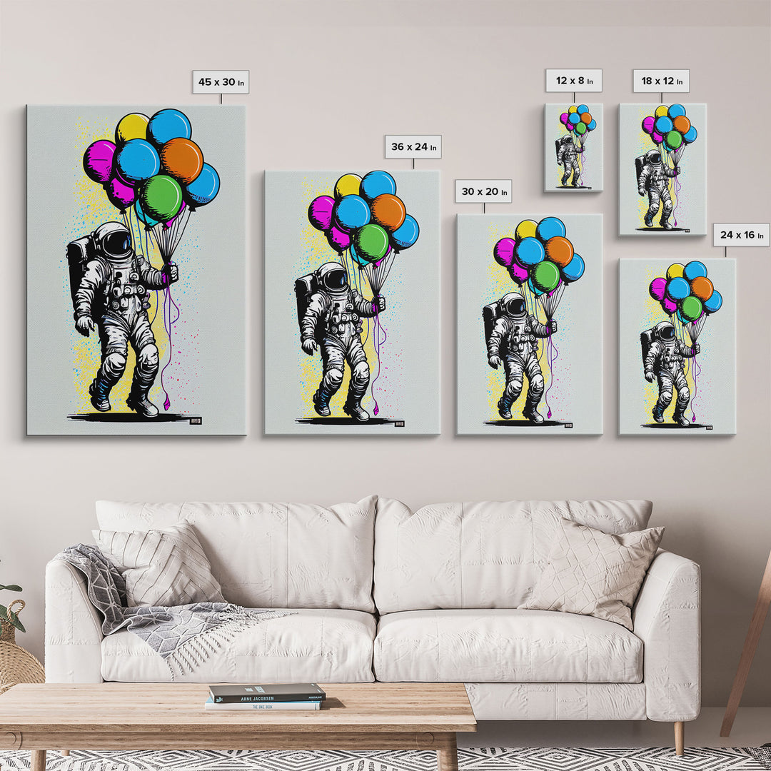 Urban Wall Art, Banksy Inspired, Astronaut Holding Colorful Balloons, Framed Canvas Print, Graffiti Art