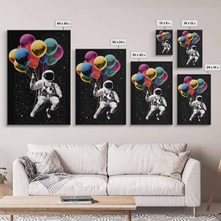 Urban Wall Art, Banksy Inspired, Astronaut Holding Colorful Balloons, Framed Canvas Print, Graffiti Art, Space Art