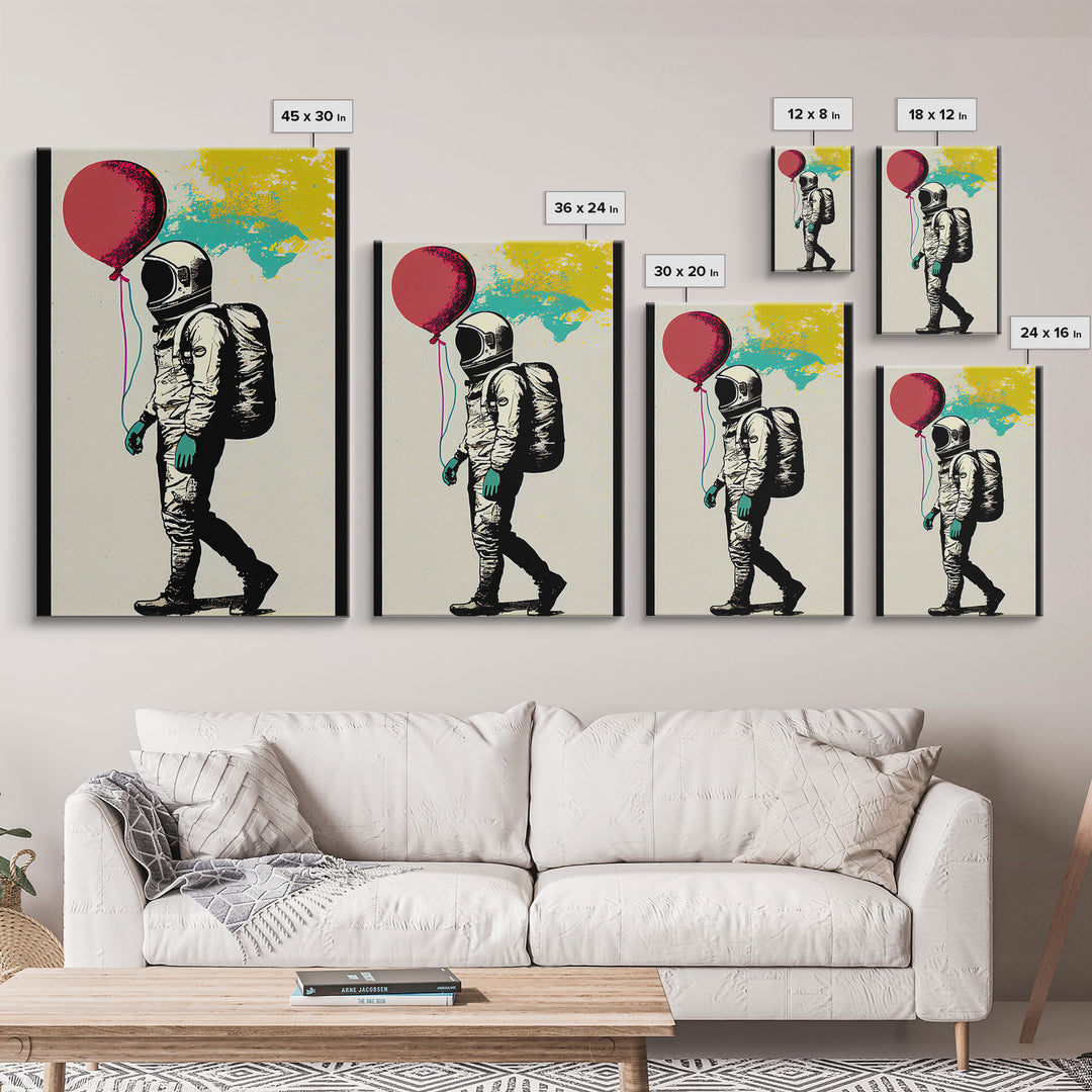 Urban Wall Art, Banksy Inspired, Astronaut Holding Colorful Balloons, Framed Canvas Print, Graffiti Art, Space Art