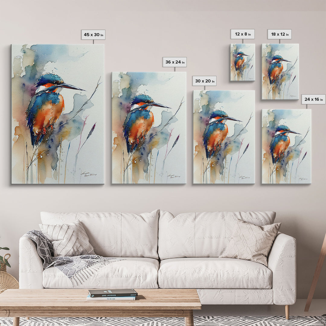 Watercolor of a Kingfisher, Framed Canvas Print, Bird Painting, Bird Watcher Art, Blue and Orange Kingfisher Watercolor Painting