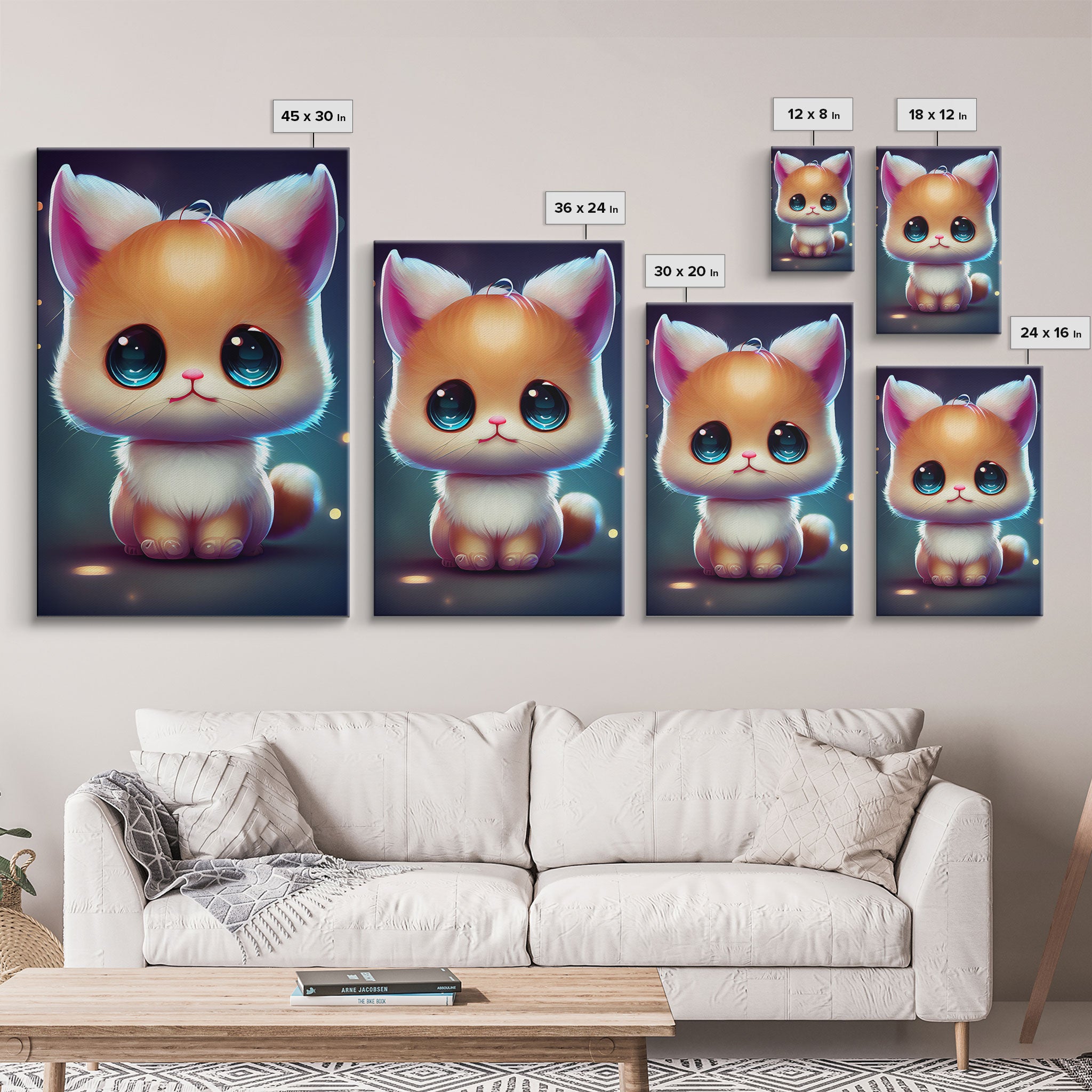 Cute Kawaii Kitten, Anime Style Art, Framed Canvas Print, Framed Art, Cat Portrait, Cartoon Cat, Kawaii Artwork