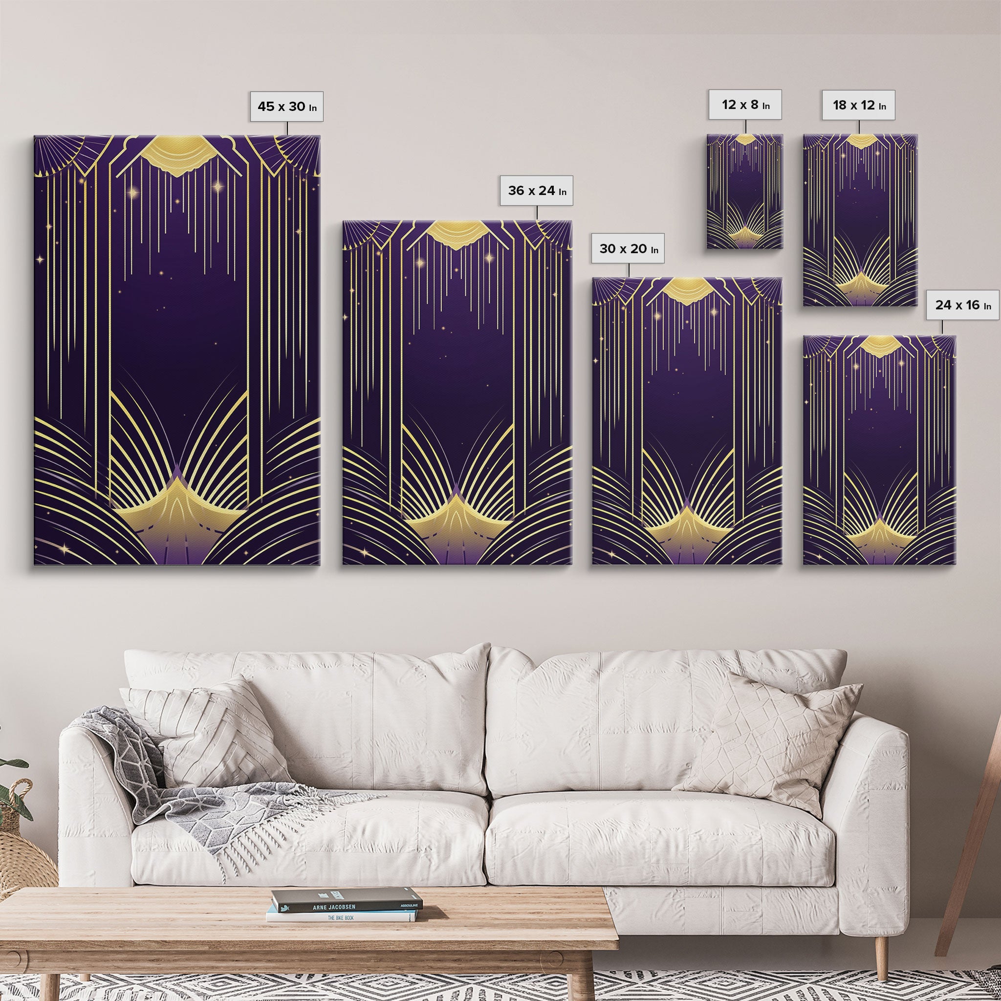 Midcentury Modern Wall art, Framed Canvas Print, Art Deco, Pattern art, Gold & purple art, Living room art, Bright colors, Lines art