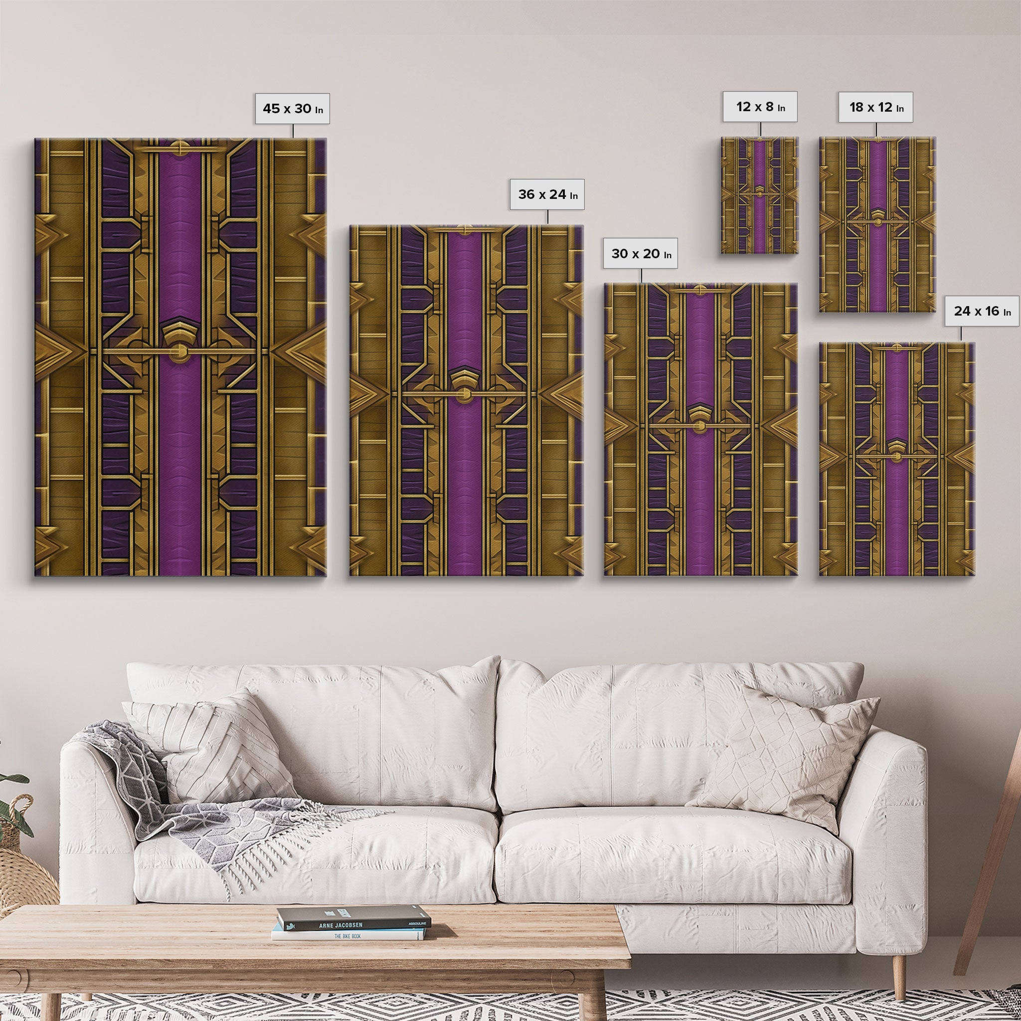 Midcentury Modern Wall art, Framed Canvas Print, Art Deco, Canvas Wall art, Gold & purple art, Geometric art, Colorful painting, Wall art