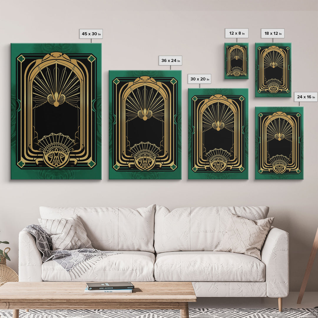 Art Deco Wall art, Framed Canvas Print, Art Deco, Gold & green art, Living room art, Abstract art, Beautiful art, Colorful painting