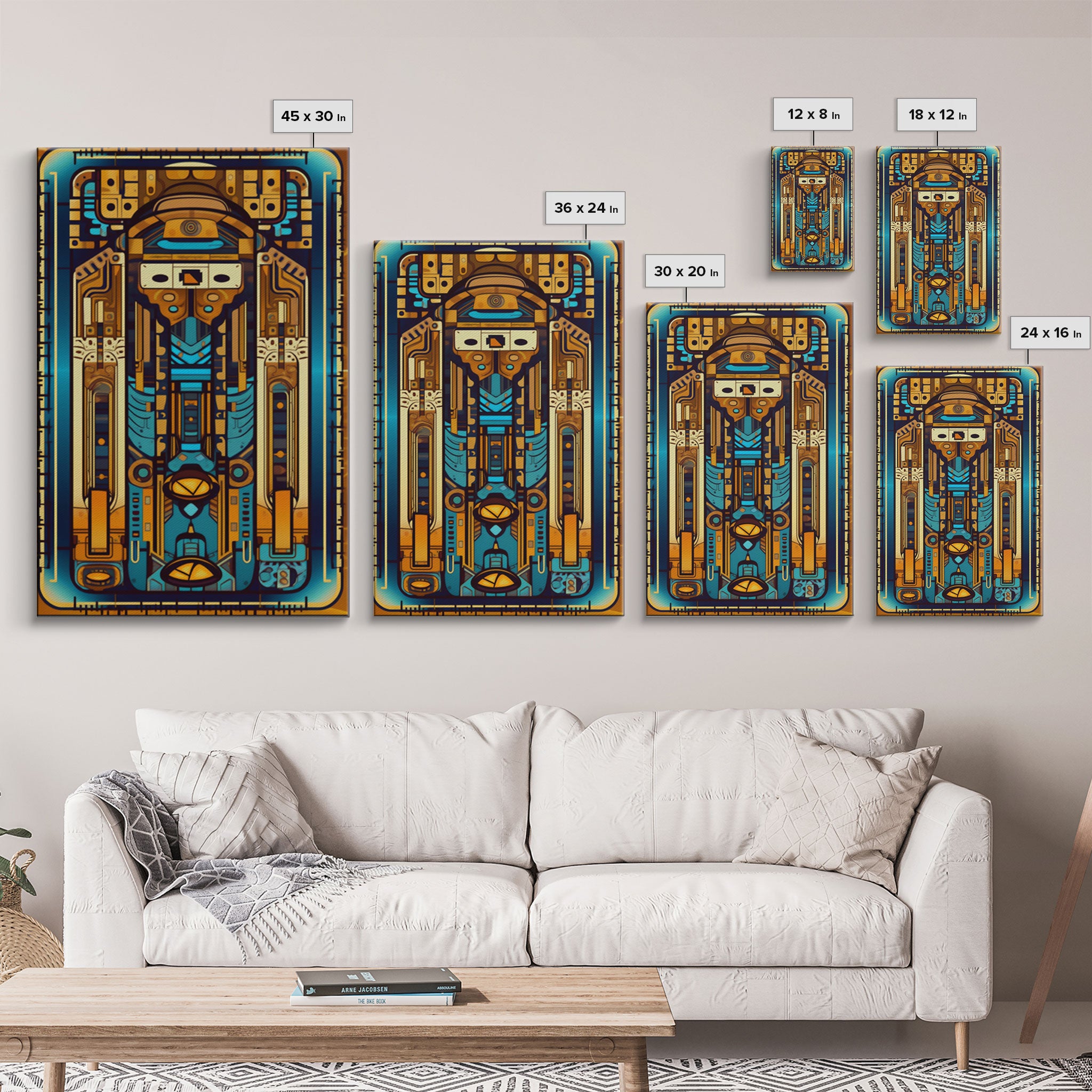 Midcentury modern Wall art, Framed Canvas Print, Art Deco, Patterns art, Gold & blue art, Living room art, Abstract art, Antique painting