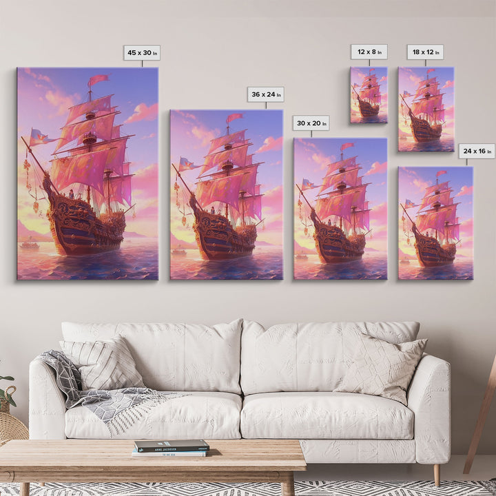 Gothic Pirate Ship at Sunset, Framed Canvas Print, Fantasy Wall Art, Wall Decor, Pirate Wal Art, Gift For Him, Kid's Room Art