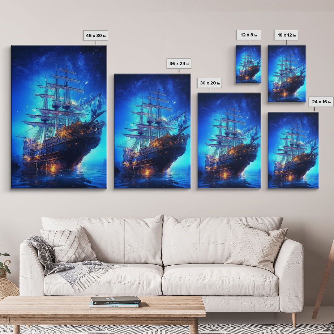 Haunted Pirate Ghost Ship Under The Night Sky, Framed Canvas Print, Fantasy Wall Art, Wall Decor, Pirate Wal Art, Gift For Him, Kid's Room