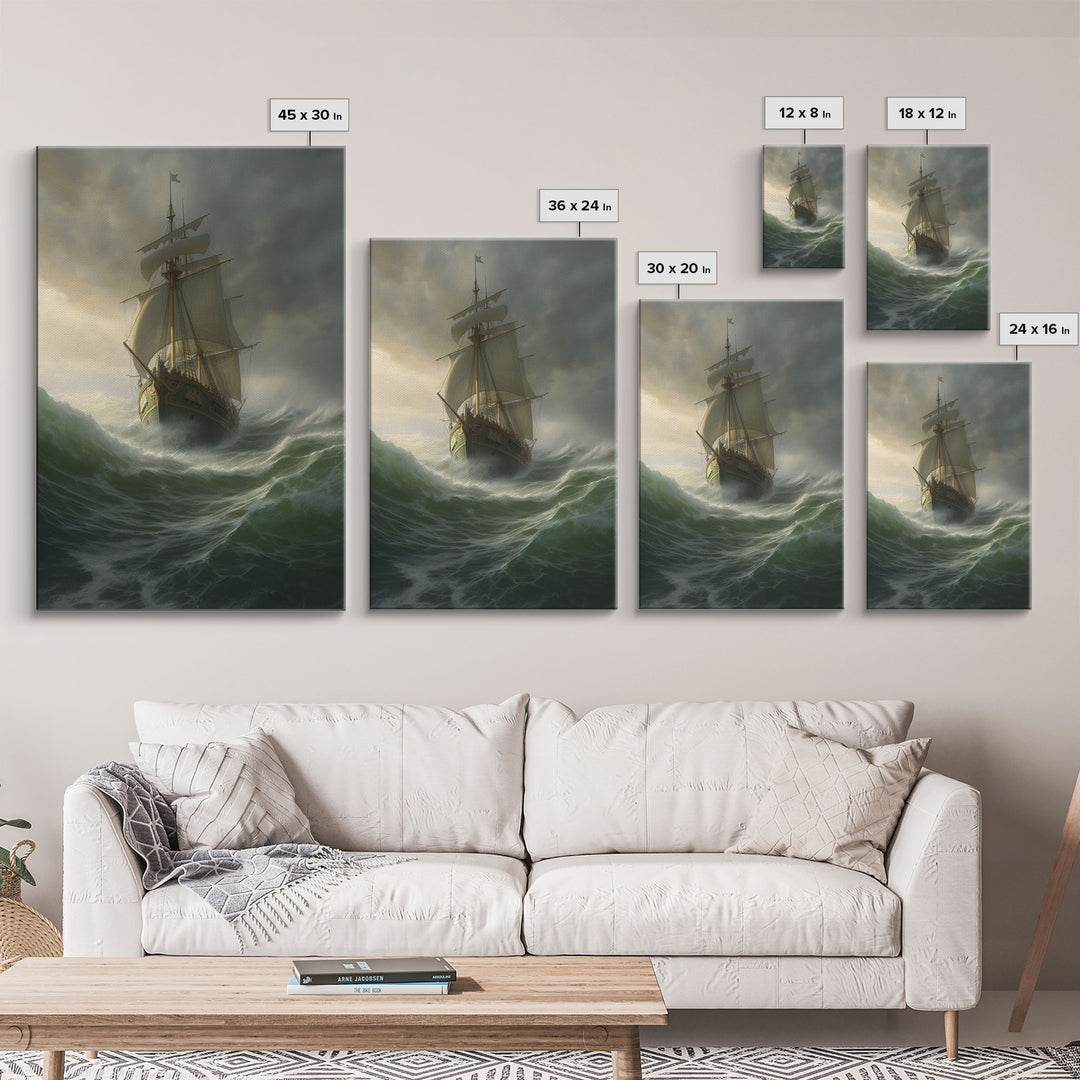 Haunted Pirate Ghost Ship On Rough Seas, Framed Canvas Print, Fantasy Wall Art, Wall Decor, Pirate Wal Art, Gift For Him, Kid's Room