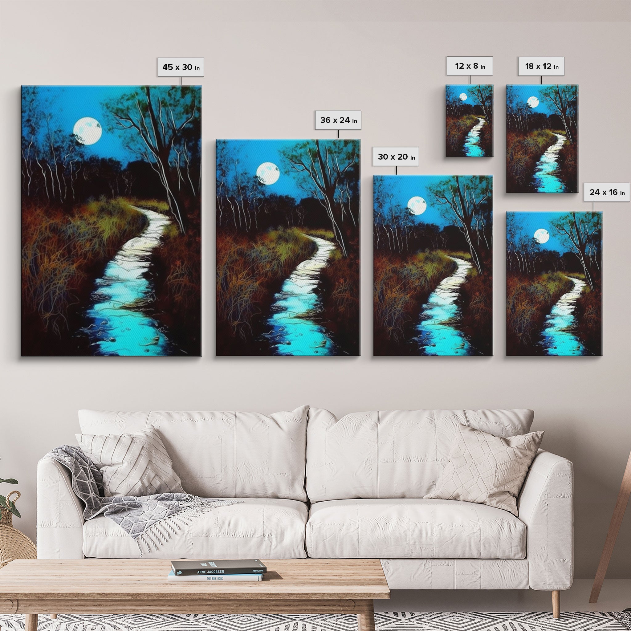 Spooky Art, Full Moon Over a Calm Stream At Night, Framed Canvas Print, Nature / Landscape Painting