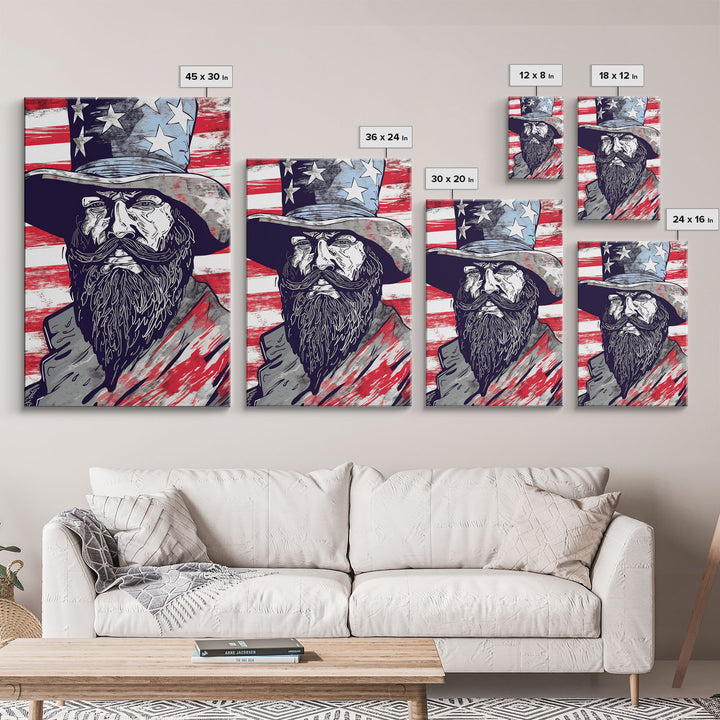 Wild West Uncle Sam Portrait, Patriotic Art, Framed Canvas Print, Stars and Stripes, Wall Art, Wild West Decor