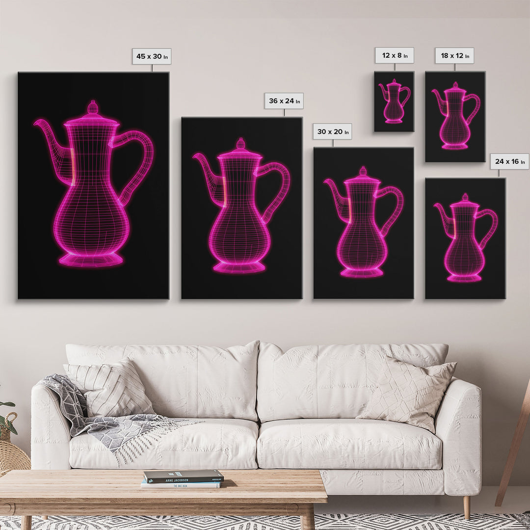 Pink 3D Cofee Pot Wall Art, Kitchen Wall Decor, 3D Art, Neon Lights, Minimalist Print, Wall Decor, Canvas Print, Wall Art, Framed Canvas