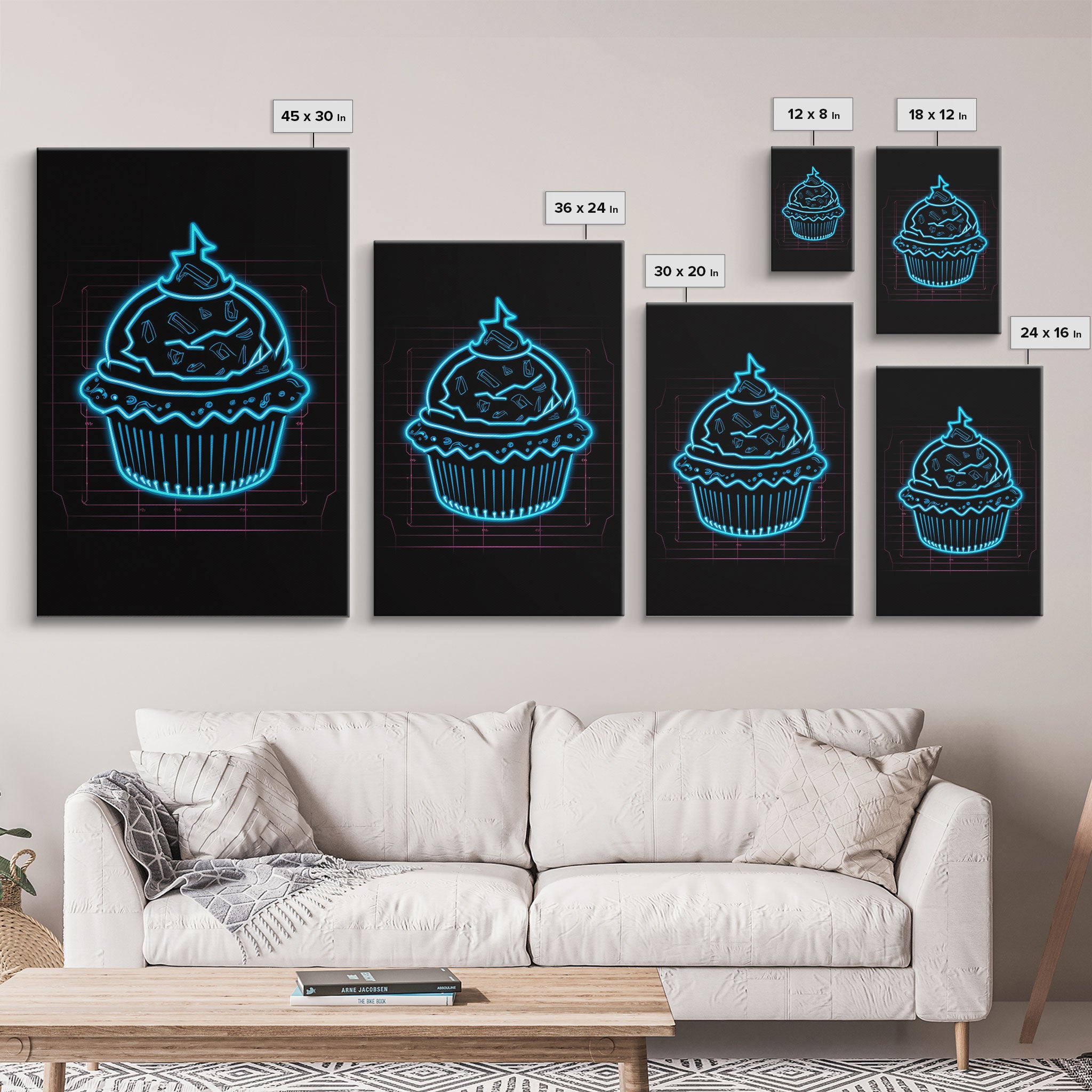 Teal Neon Lights Cupcake Wall Decor, Kitchen Wall Art, Glowing Art, Minimalist Print, Wall Decor, Canvas Print, Wall Art, Framed Canvas