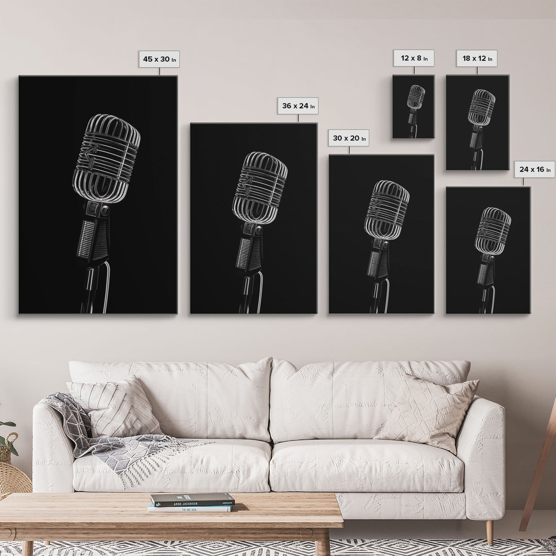 Silver Retro Microphone Wall Art, Mic Wall Art, Music Room Wall Art, Minimalist Print, Wall Decor, Canvas Print, Wall Art, Framed Canvas