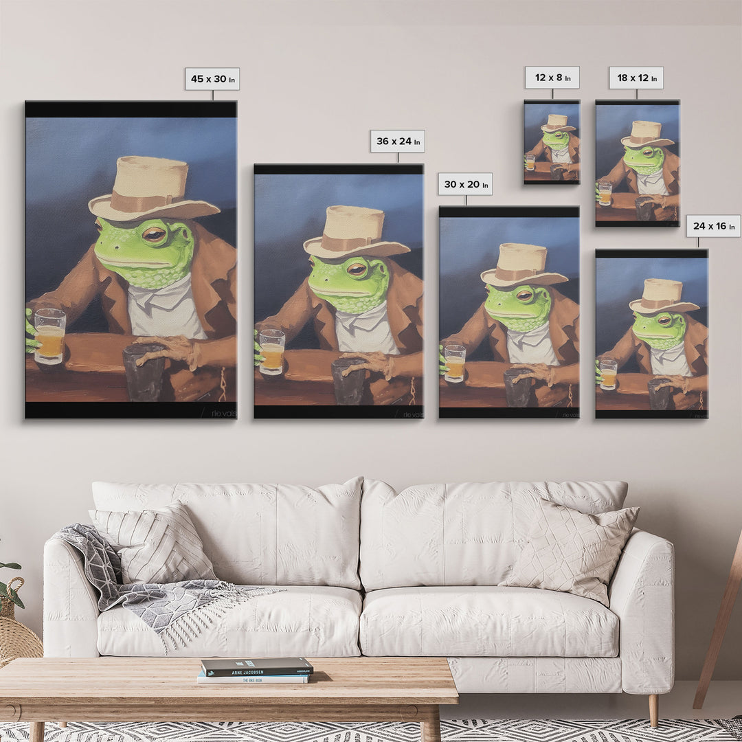 Sad Cowboy Frog Havin' a Beer, Cowboy Frog Framed Canvas Print