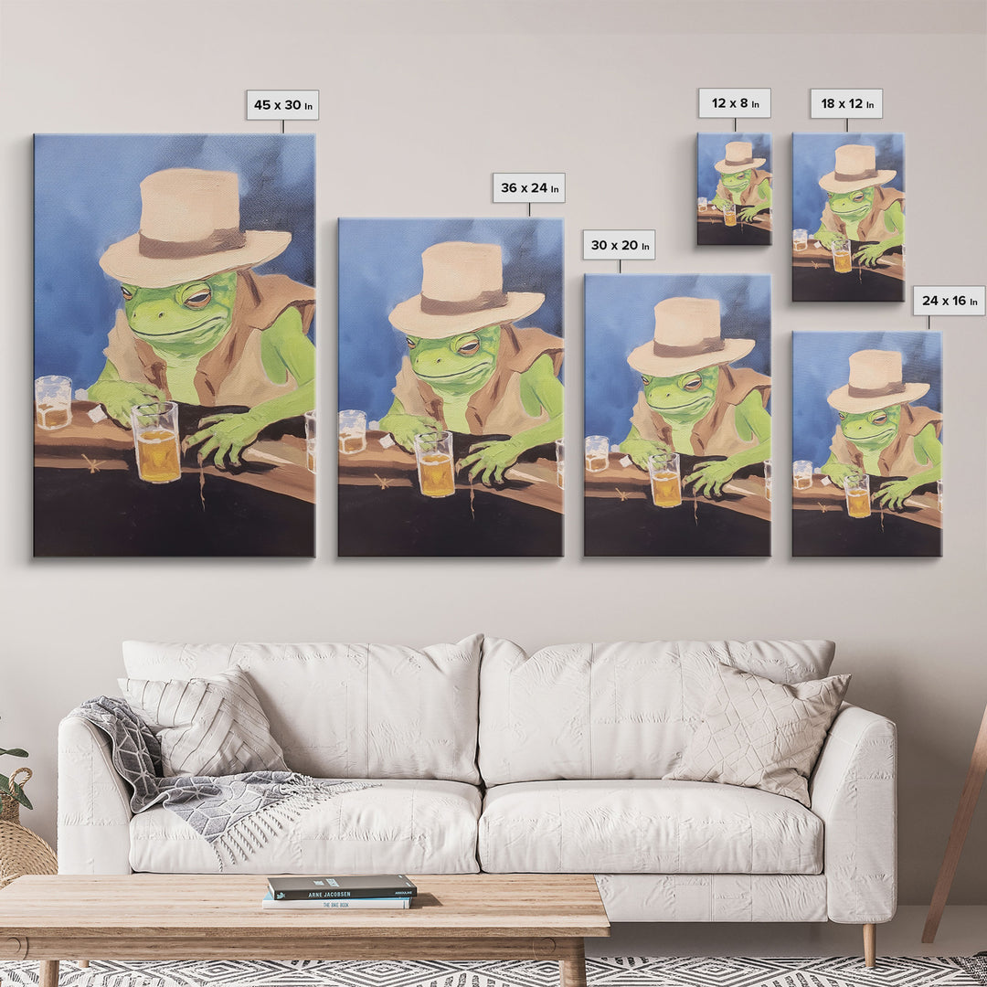 Sad Cowboy Frog Havin' a Beer, Cowboy Frog Framed Canvas Print