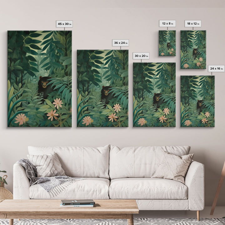 Rousseau Inspired Botanical Print, Framed Canvas Art, Bear Hiding In The Jungle, Dark Green Wall Art, Emerald Green Wall Art, Poster Print