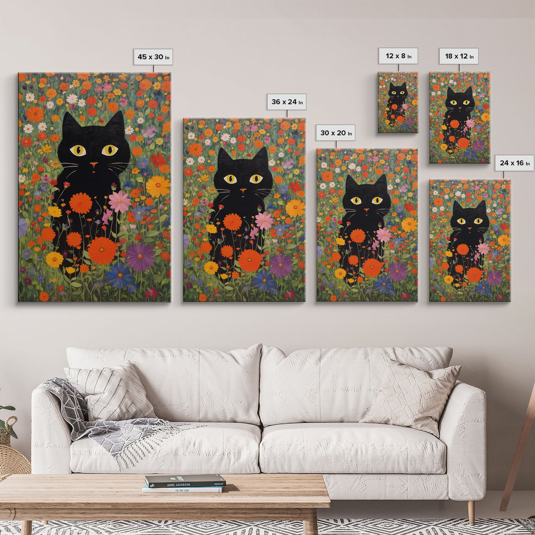 Gustav Klimt Inspired Garden Cat, Funny Black Cat Art, Framed Canvas Print, Fine Art Poster, Cute Cat Art, Funny Gift, Funny Cat Prints