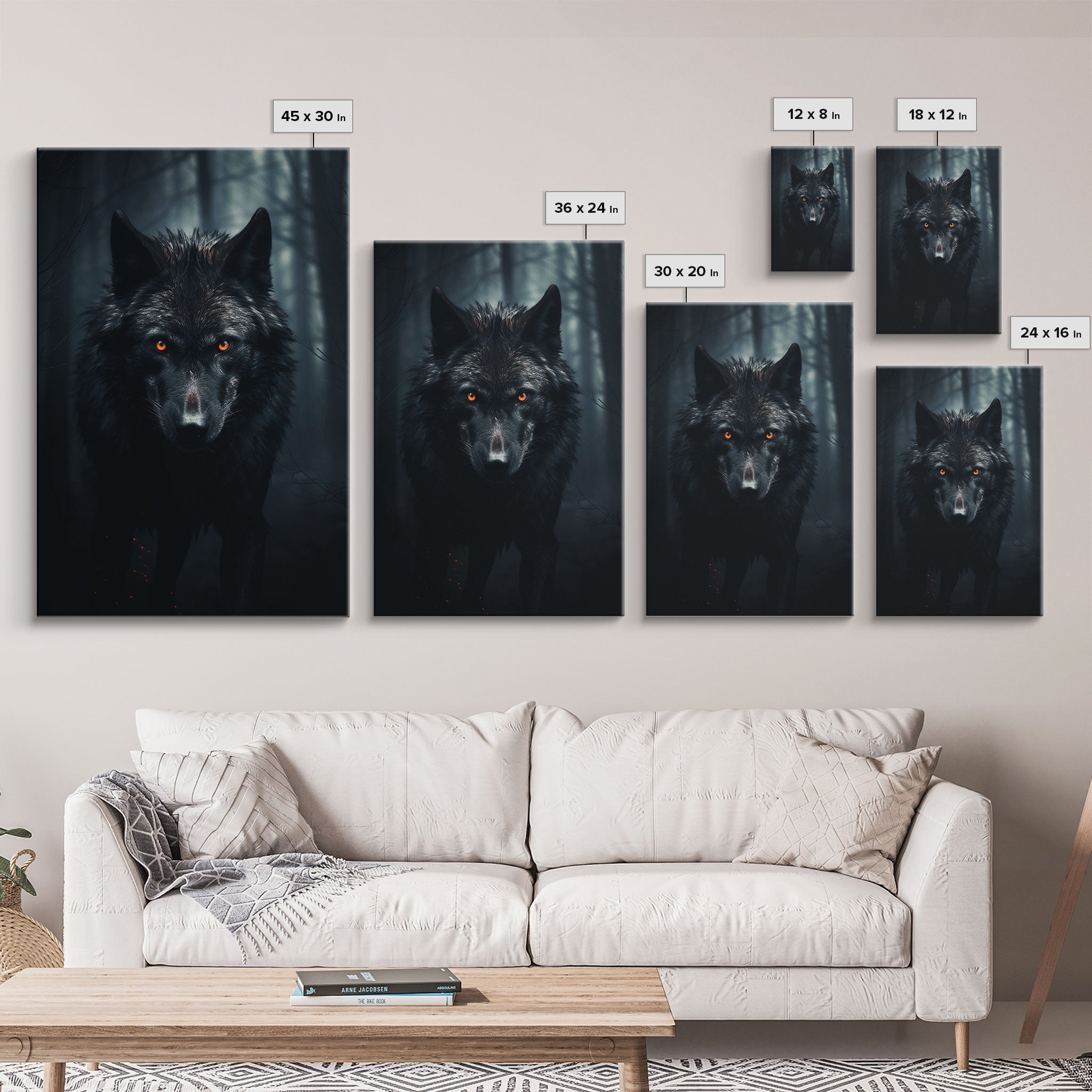 Red Eyed Wolf Print, Black Wolf On The Hunt, Framed Canvas Art