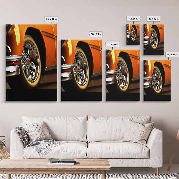 Hot Rod Art, Hot Rot Photography Print, Framed Canvas or Poster, Close Up Shot Of 1950s Hot Rod Chrome Rims, Orange Hot Rod, Gift For Him