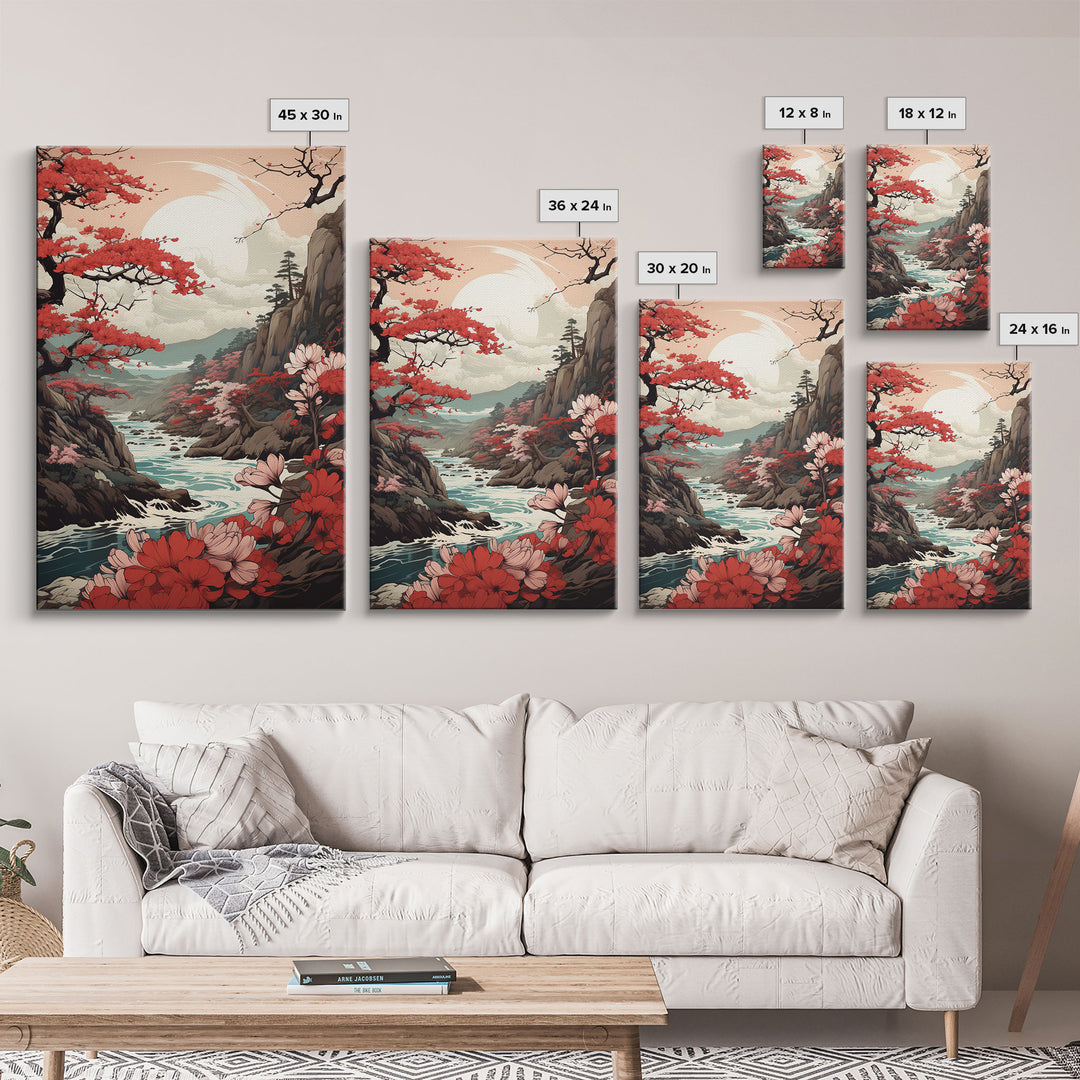 Japanese Wall Art, Japanese Maple Tree, Framed Canvas Print, Japanese Art, Japanese Hanging Wall Art, Red Maples Above A Calm Stream