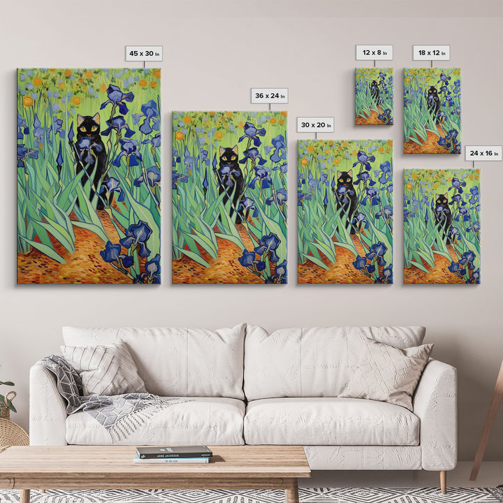 Funny Cat Print, Vincent Van Gogh Inspired Irises Black Cat Wall Art, Framed Canvas Print, Poster Art, Funny Gift, Home Decor Wall Art