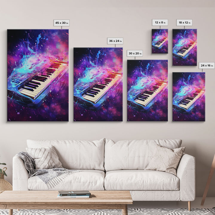 Cosmic Keyboard, Galaxy Music Art Framed Canvas Print, Electric Keyboard, Instrument Art, Studio Wall Decor