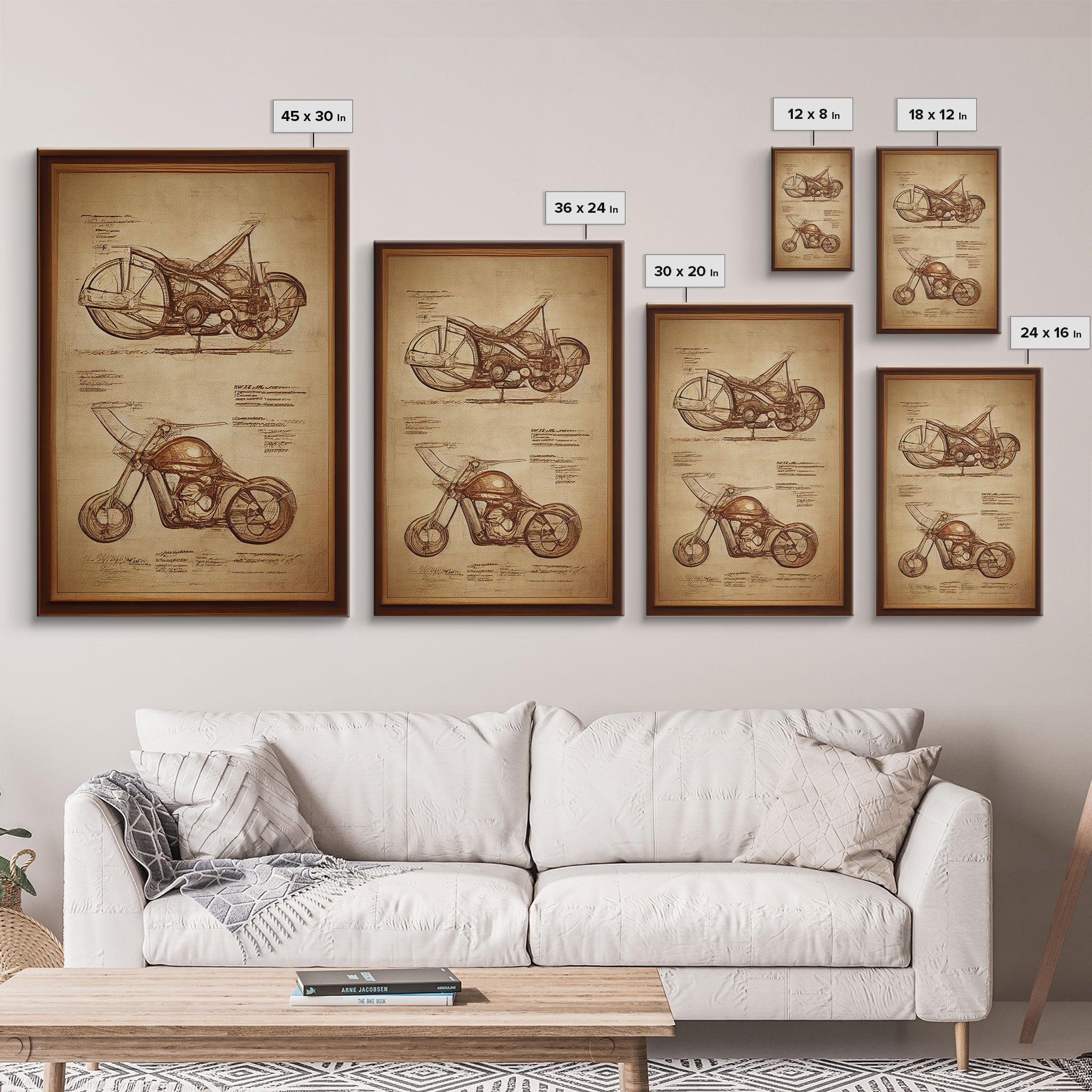 Steampunk motorcycle diagram wall art, canvas print, mancave decor, Da Vinci style diagram motorcycle art, abstract man cave art