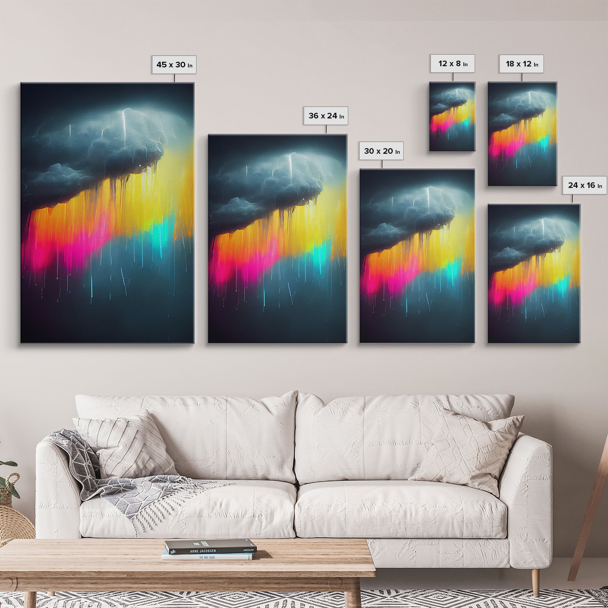 Rainbow In A Rain Cloud, Abstract Art Canvas Print, Lightning, Rain, Stormy Rainbow, Cool Wall Art, Colorful Wall Decor, Neon Rain Cloud