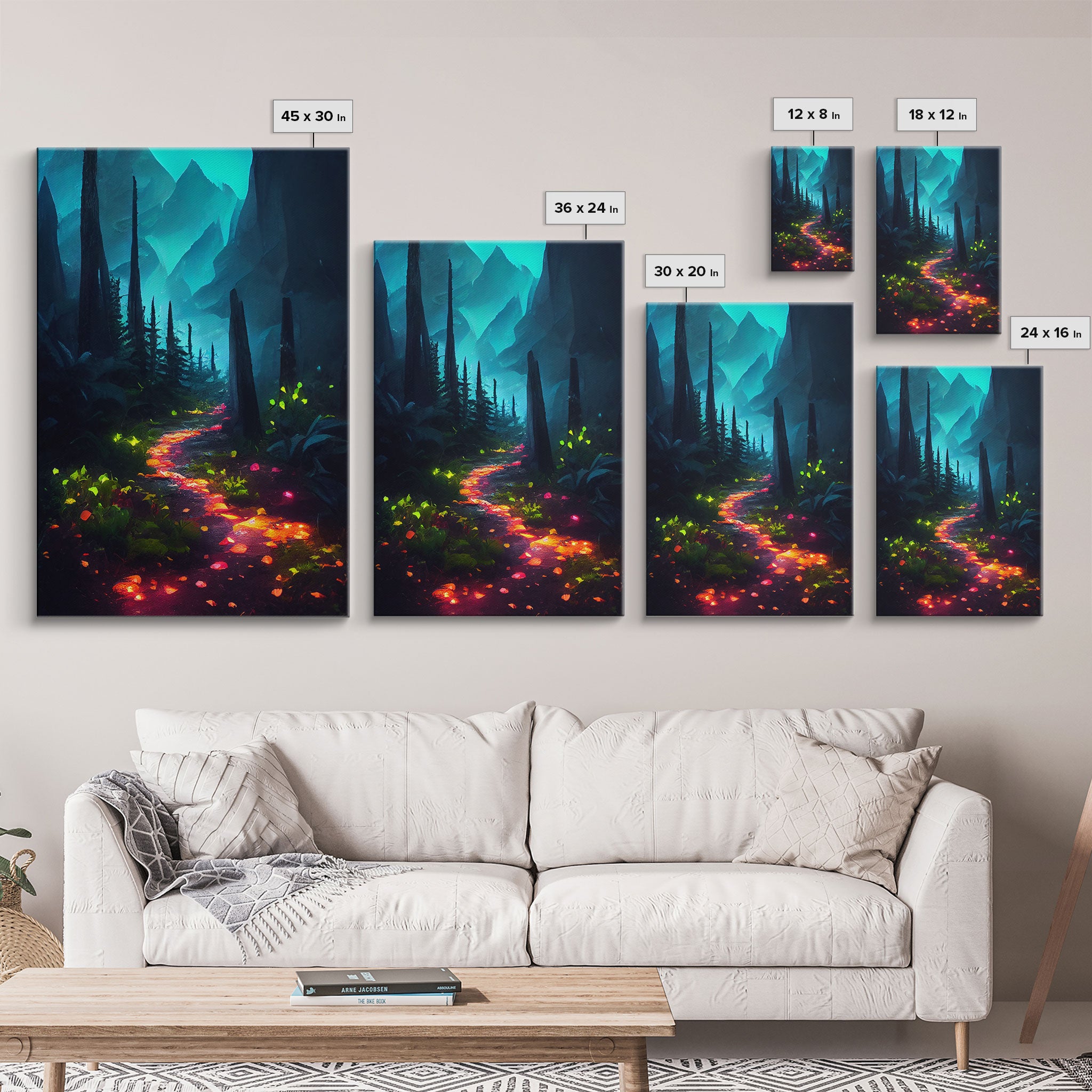 Luminescent magical forest canvas print, glowing trail though the trees, fantasy art