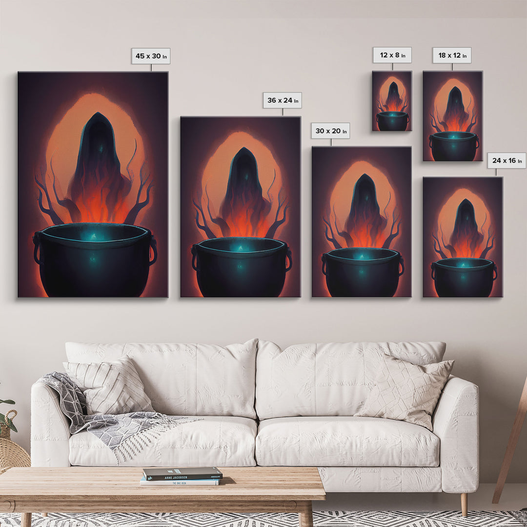 Spooky Witch's Cauldron Canvas Print, Halloween wall art, spooky home decor, creepy Halloween art, Cursed art