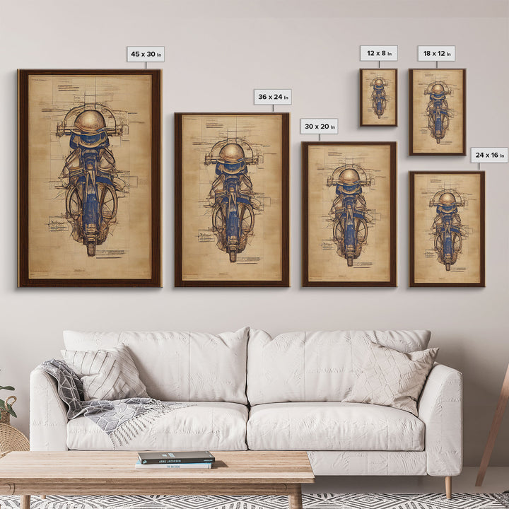 Da Vinci style steampunk motorcycle diagram, canvas print, man cave wall art, motorcycle art