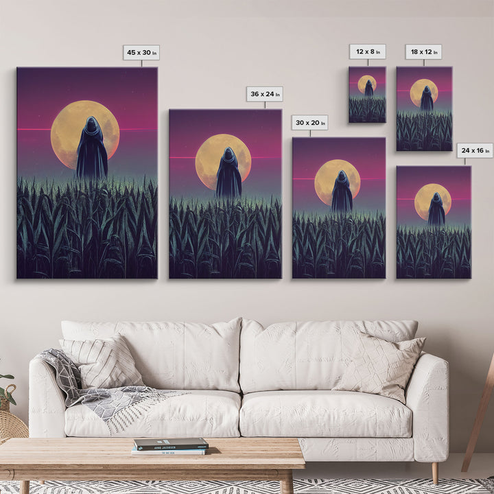 Spooky scarecrow in a corn field canvas print, full moon, Halloween art, scary art