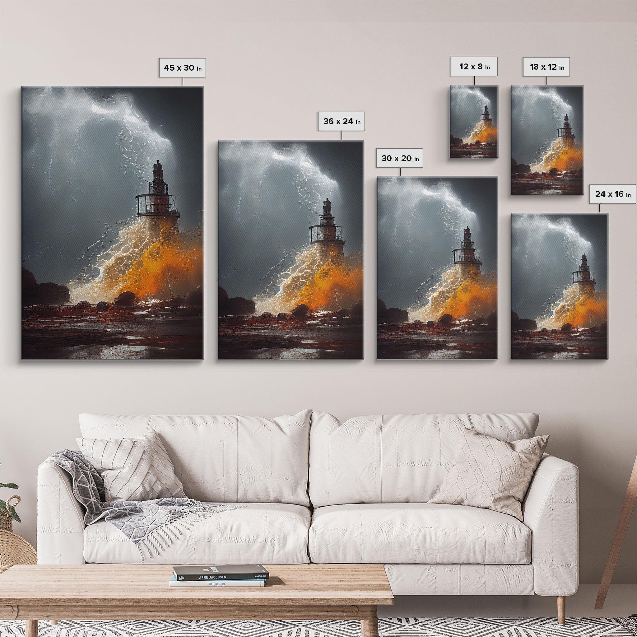 Lighthouse Oil Painting Canvas Print, Light house landscape print, Lighthouse in a storm with lightning and thunder, waves crashing