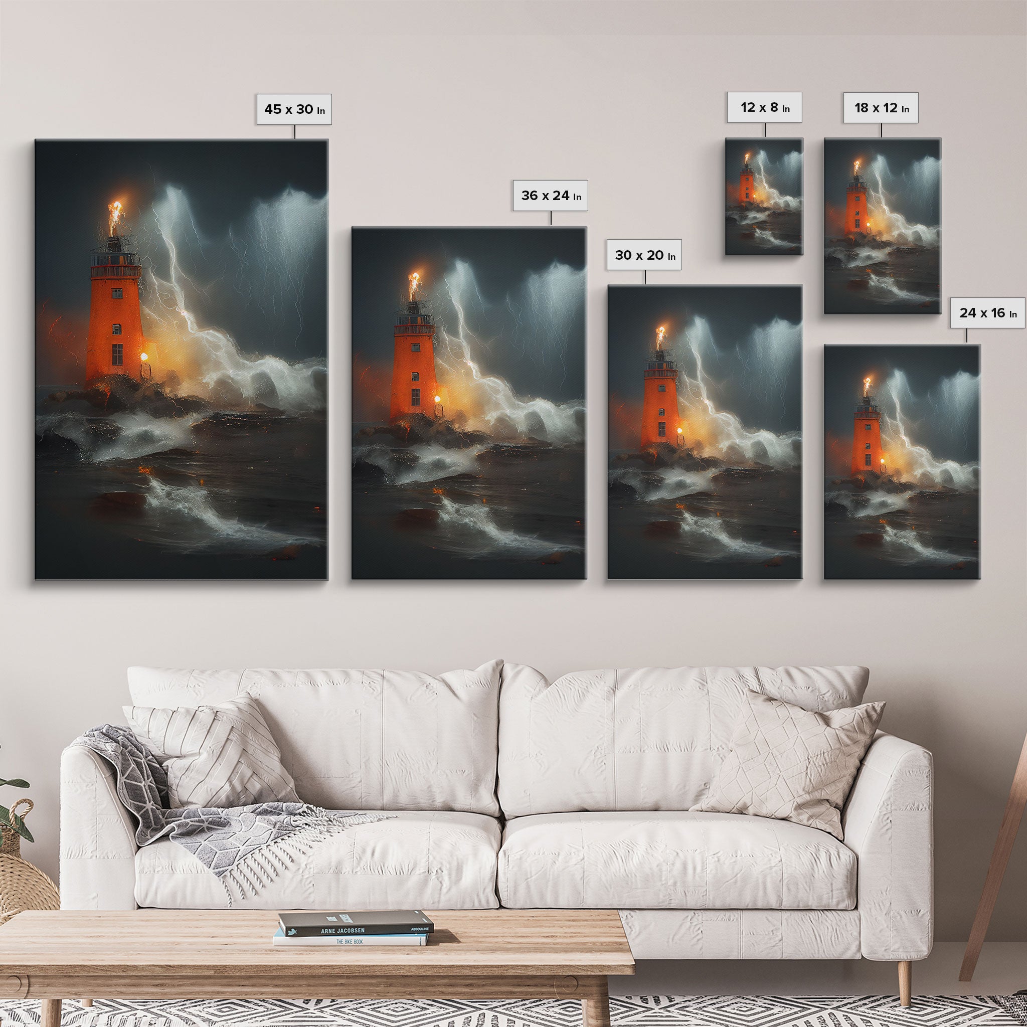 Lighthouse Oil Painting Canvas Print, Light house in a hurricane, dark stormy night, waves crashing