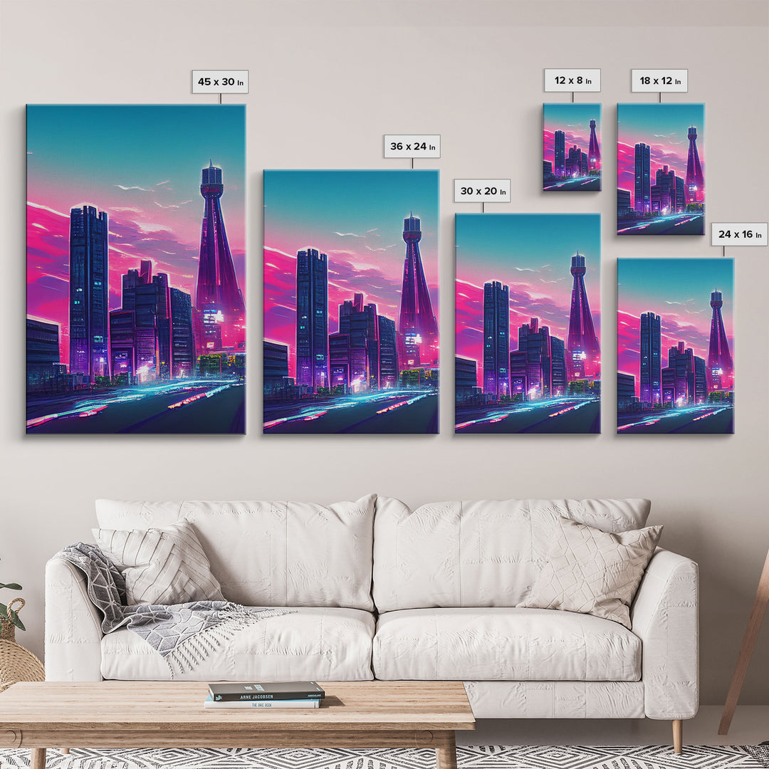 Vaporwave aesthetic wall art, cyberpunk city poster art, cool living room art, synthwave wall art, retro 80s style cyberpunk fine art print