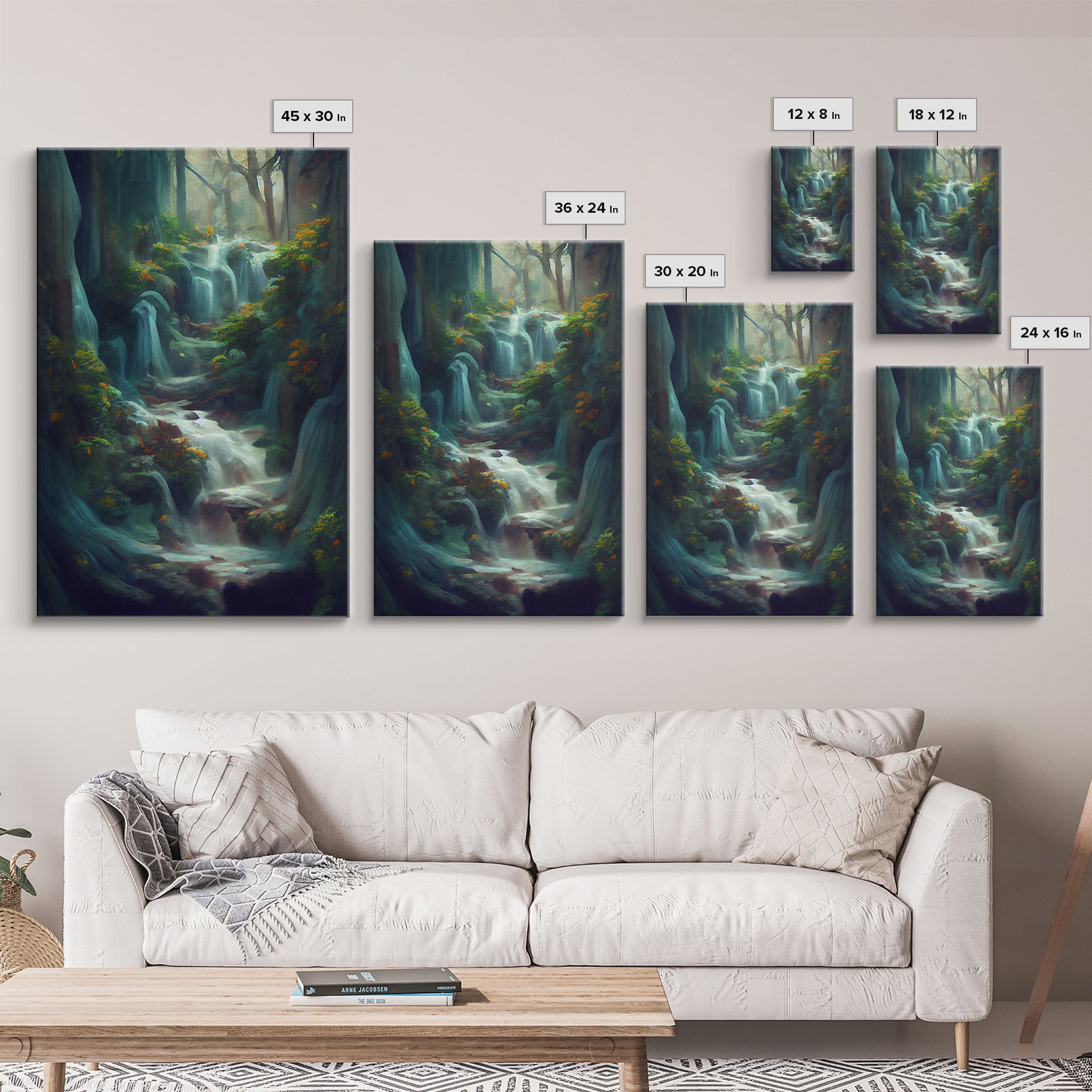 Waterfall painting canvas print, fantasy wall art, watercolor print, high fantasy, nature landscape wall art for living room