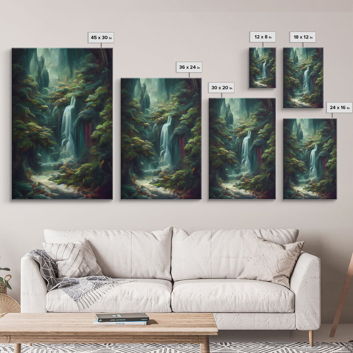 Waterfall in the forest canvas print, fantasy wall art, watercolor print, high fantasy, nature landscape living room wall art